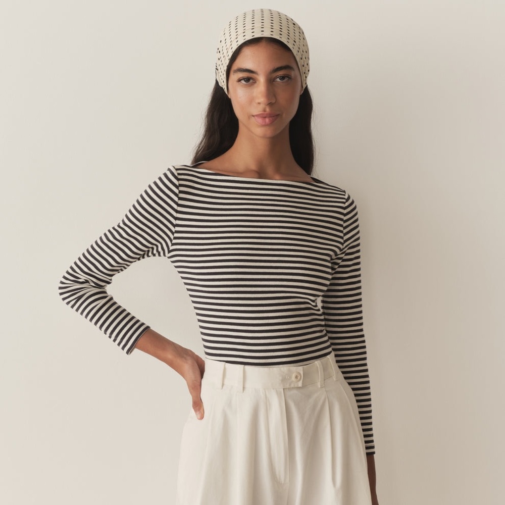 Doen Paulette boatneck 3/4 sleeve tee in nantucket navy stripe, size medium!
